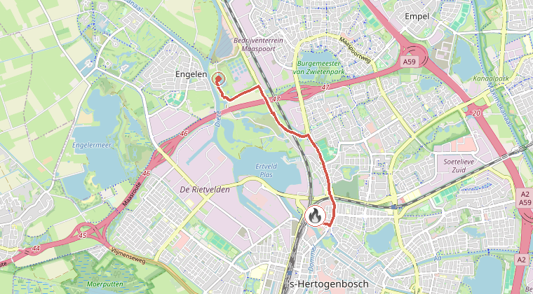 Kaart van de omgeving van de melding, met de kazerne die is gealarmeerd