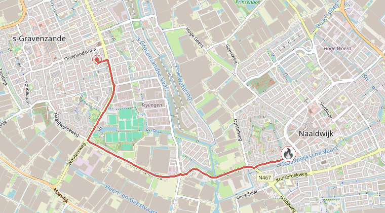 Kaart van de omgeving van de melding, met de kazerne die is gealarmeerd