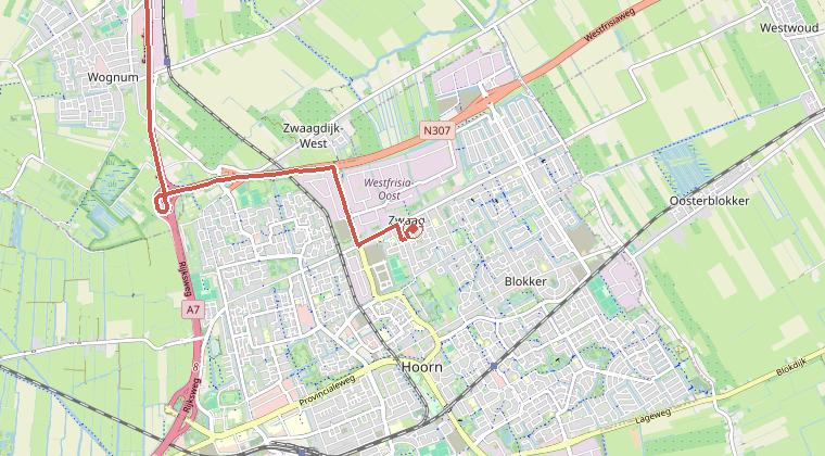 Kaart van de omgeving van de melding, met de kazerne die is gealarmeerd