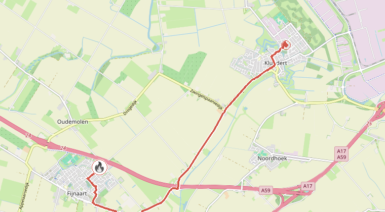 Kaart van de omgeving van de melding, met de kazerne die is gealarmeerd
