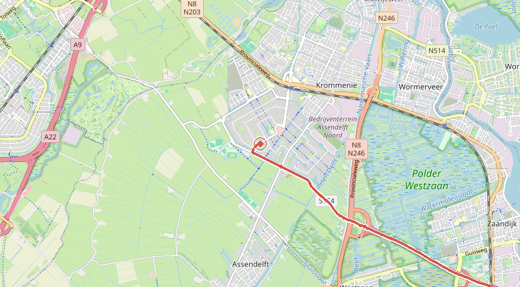 Kaart van de omgeving van de melding, met de kazerne die is gealarmeerd