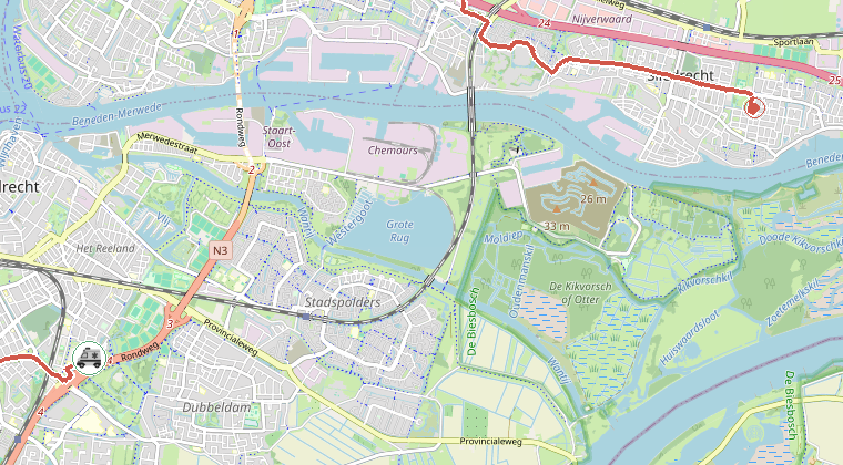 Kaart van de omgeving van de melding, met de kazerne die is gealarmeerd