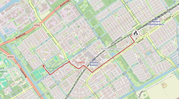 Kaart van de omgeving van de melding, met de kazerne die is gealarmeerd