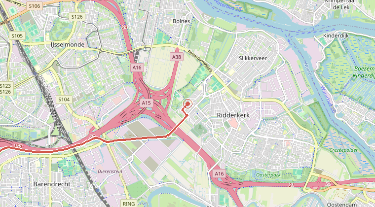 Kaart van de omgeving van de melding, met de kazerne die is gealarmeerd