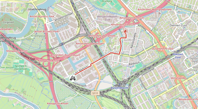 Kaart van de omgeving van de melding, met de kazerne die is gealarmeerd