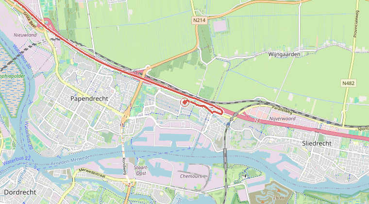 Kaart van de omgeving van de melding, met de kazerne die is gealarmeerd