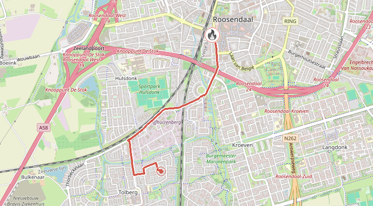 Kaart van de omgeving van de melding, met de kazerne die is gealarmeerd