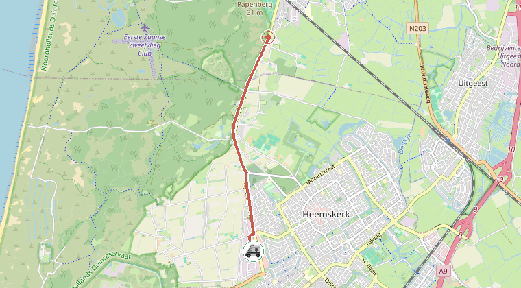 Kaart van de omgeving van de melding, met de kazerne die is gealarmeerd