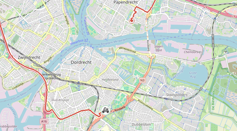Kaart van de omgeving van de melding, met de kazerne die is gealarmeerd