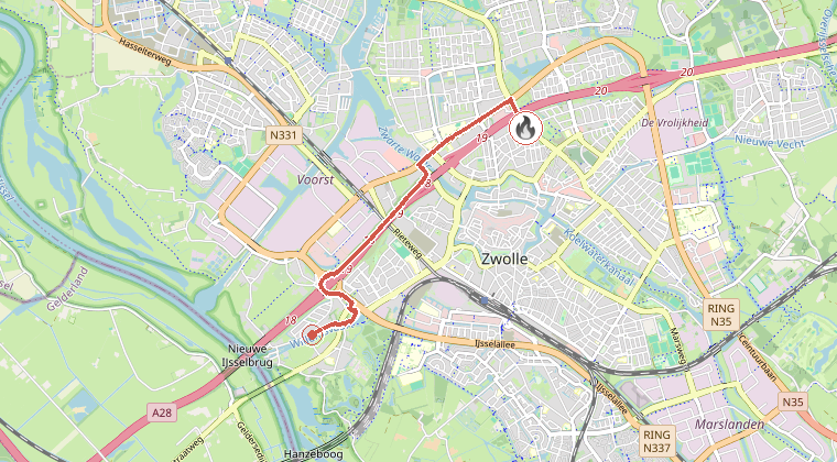 Kaart van de omgeving van de melding, met de kazerne die is gealarmeerd