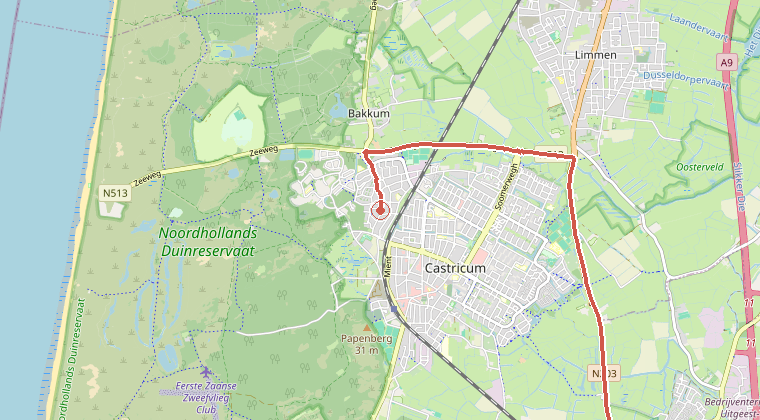 Kaart van de omgeving van de melding, met de kazerne die is gealarmeerd