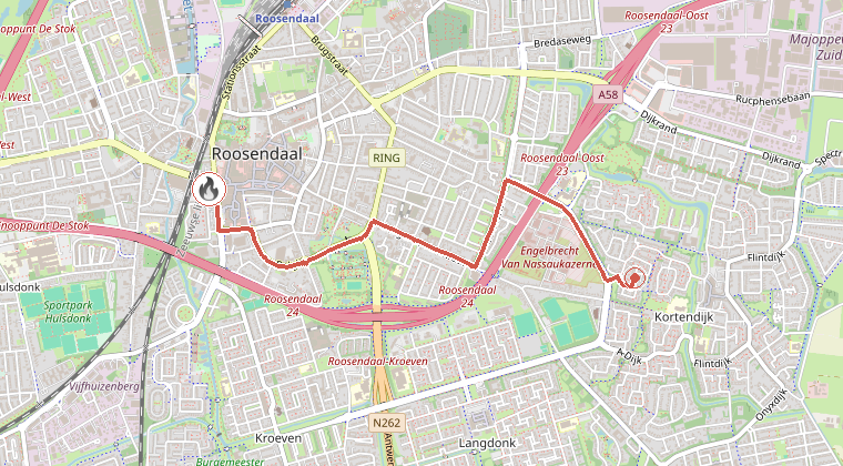 Kaart van de omgeving van de melding, met de kazerne die is gealarmeerd