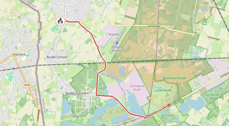 Kaart van de omgeving van de melding, met de kazerne die is gealarmeerd
