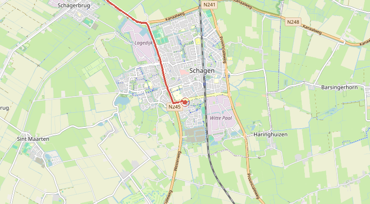 Kaart van de omgeving van de melding, met de kazerne die is gealarmeerd