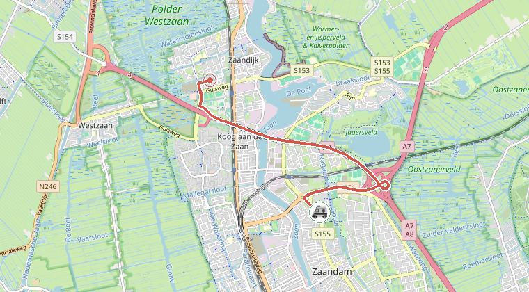 Kaart van de omgeving van de melding, met de kazerne die is gealarmeerd