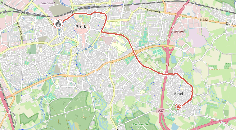 Kaart van de omgeving van de melding, met de kazerne die is gealarmeerd