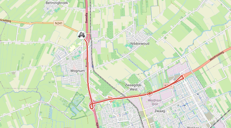 Kaart van de omgeving van de melding, met de kazerne die is gealarmeerd