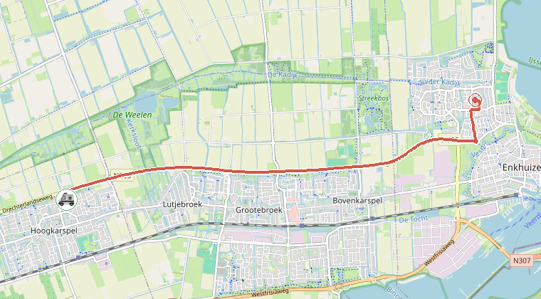 Kaart van de omgeving van de melding, met de kazerne die is gealarmeerd