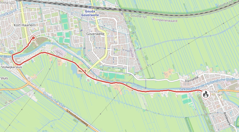 Kaart van de omgeving van de melding, met de kazerne die is gealarmeerd