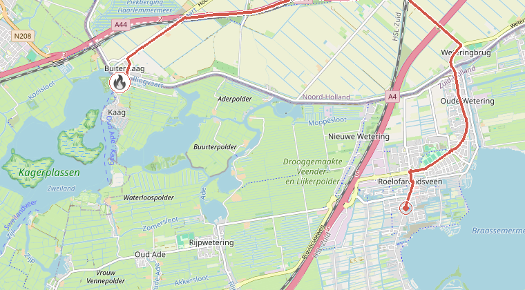 Kaart van de omgeving van de melding, met de kazerne die is gealarmeerd