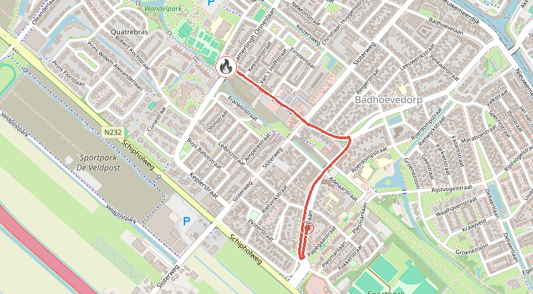 Kaart van de omgeving van de melding, met de kazerne die is gealarmeerd