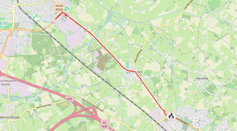 Kaart van de omgeving van de melding, met de kazerne die is gealarmeerd
