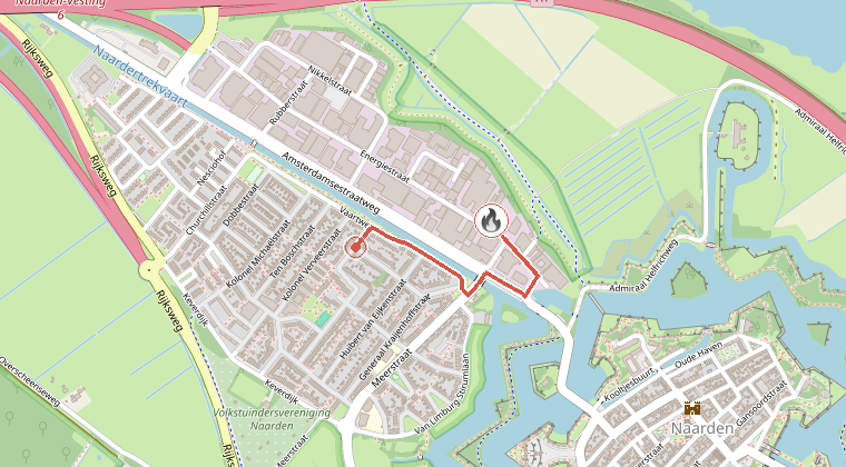 Kaart van de omgeving van de melding, met de kazerne die is gealarmeerd