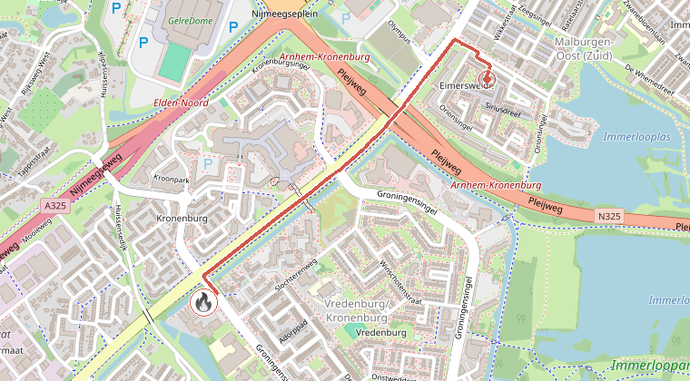 Kaart van de omgeving van de melding, met de kazerne die is gealarmeerd