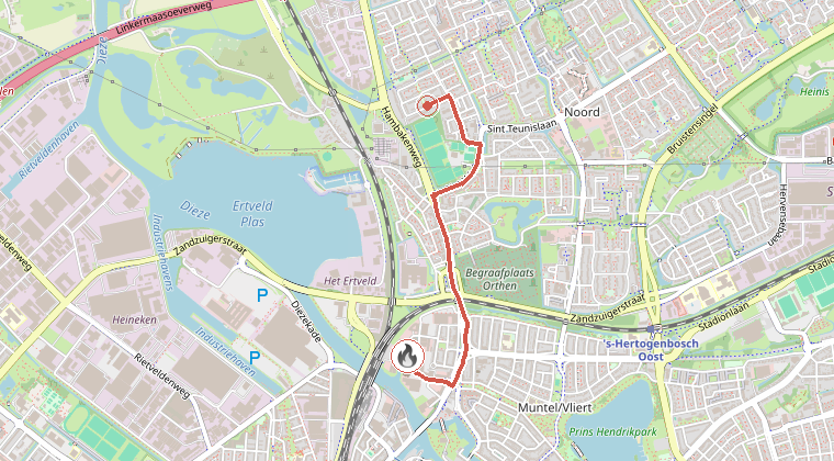 Kaart van de omgeving van de melding, met de kazerne die is gealarmeerd