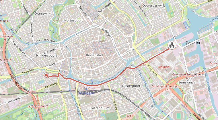 Kaart van de omgeving van de melding, met de kazerne die is gealarmeerd