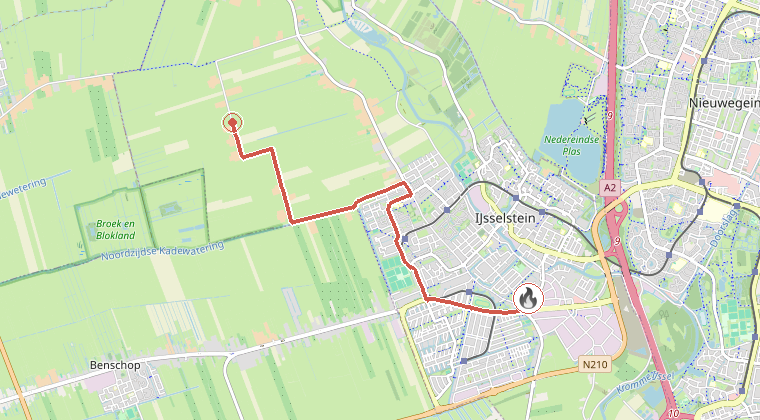 Kaart van de omgeving van de melding, met de kazerne die is gealarmeerd