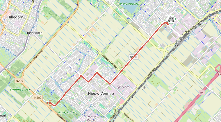 Kaart van de omgeving van de melding, met de kazerne die is gealarmeerd