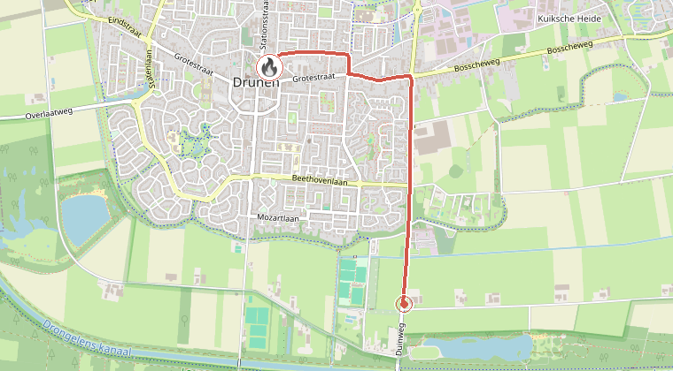 Kaart van de omgeving van de melding, met de kazerne die is gealarmeerd