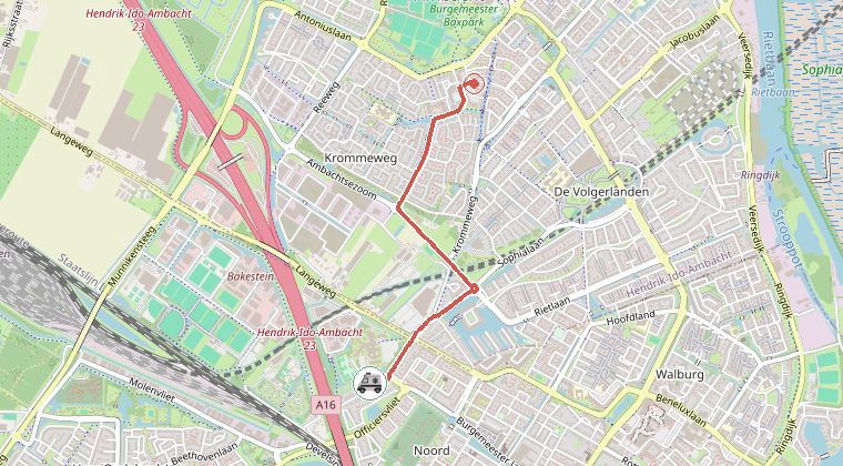 Kaart van de omgeving van de melding, met de kazerne die is gealarmeerd