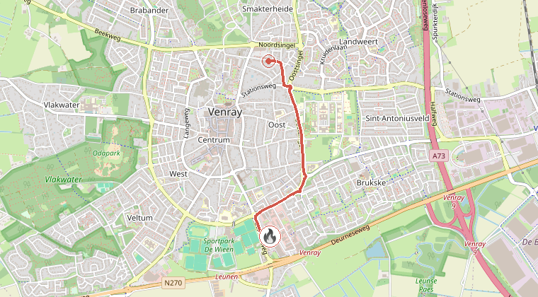 Kaart van de omgeving van de melding, met de kazerne die is gealarmeerd
