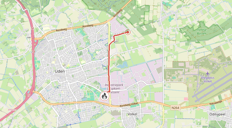 Kaart van de omgeving van de melding, met de kazerne die is gealarmeerd