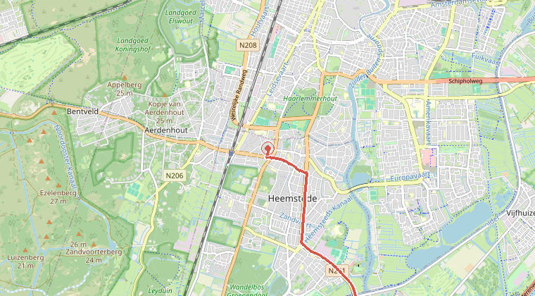Kaart van de omgeving van de melding, met de kazerne die is gealarmeerd