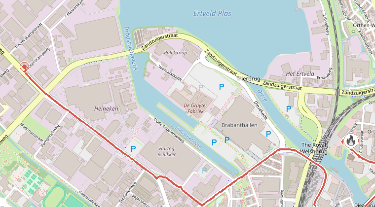 Kaart van de omgeving van de melding, met de kazerne die is gealarmeerd