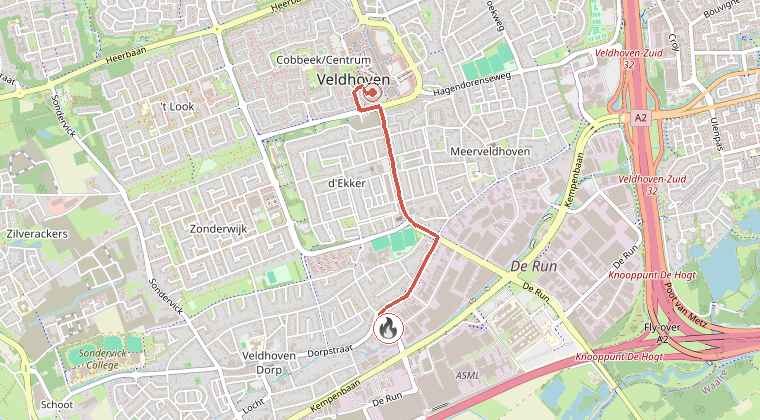 Kaart van de omgeving van de melding, met de kazerne die is gealarmeerd