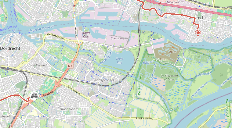 Kaart van de omgeving van de melding, met de kazerne die is gealarmeerd