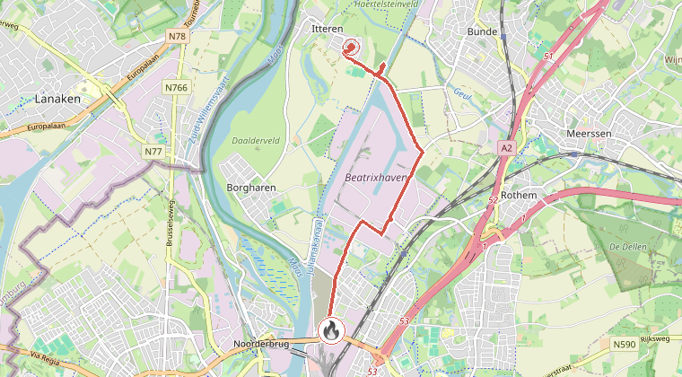 Kaart van de omgeving van de melding, met de kazerne die is gealarmeerd