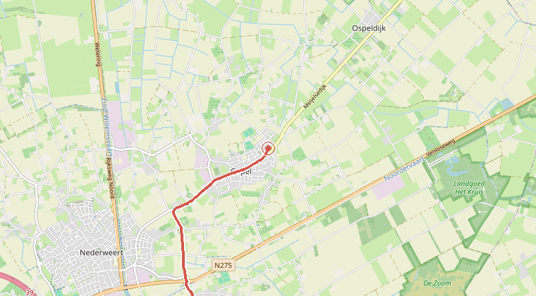 Kaart van de omgeving van de melding, met de kazerne die is gealarmeerd