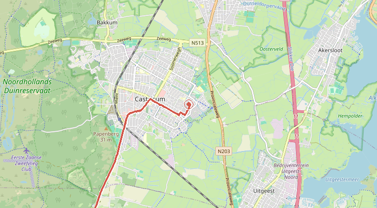 Kaart van de omgeving van de melding, met de kazerne die is gealarmeerd