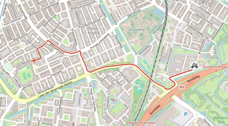 Kaart van de omgeving van de melding, met de kazerne die is gealarmeerd