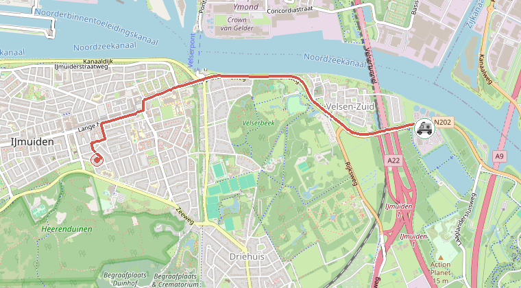 Kaart van de omgeving van de melding, met de kazerne die is gealarmeerd