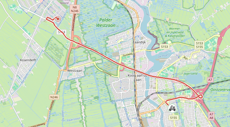 Kaart van de omgeving van de melding, met de kazerne die is gealarmeerd