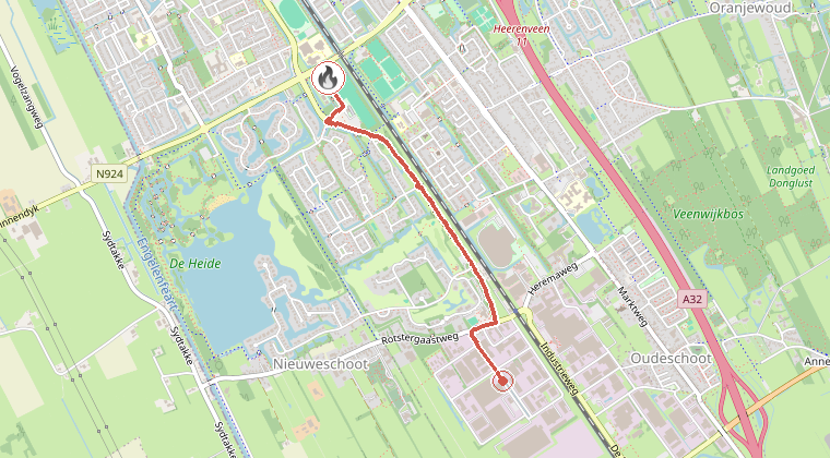 Kaart van de omgeving van de melding, met de kazerne die is gealarmeerd