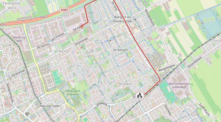 Kaart van de omgeving van de melding, met de kazerne die is gealarmeerd
