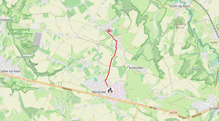 Kaart van de omgeving van de melding, met de kazerne die is gealarmeerd