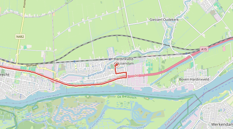 Kaart van de omgeving van de melding, met de kazerne die is gealarmeerd
